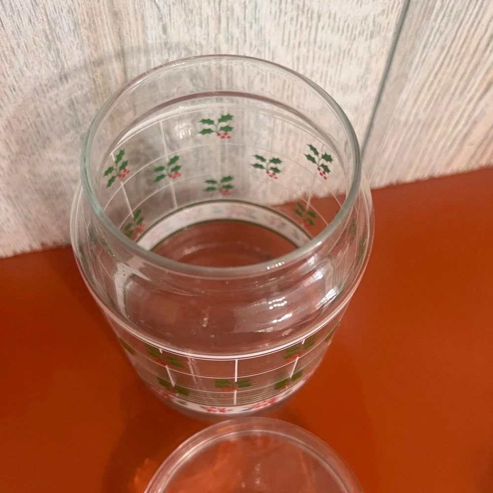 Vintage Christmas Glass Canister Holly Berry Poinsettia Holiday Jar with Lid